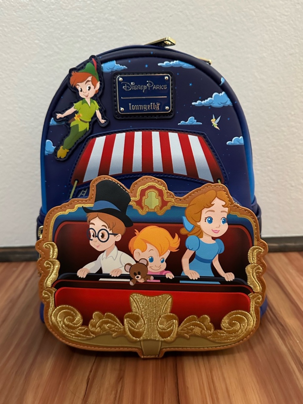 NWT Loungefly Disney Parks Peter Pan Ride Scene Mini Backpack - Navy Red Gold - Picture 2 of 5